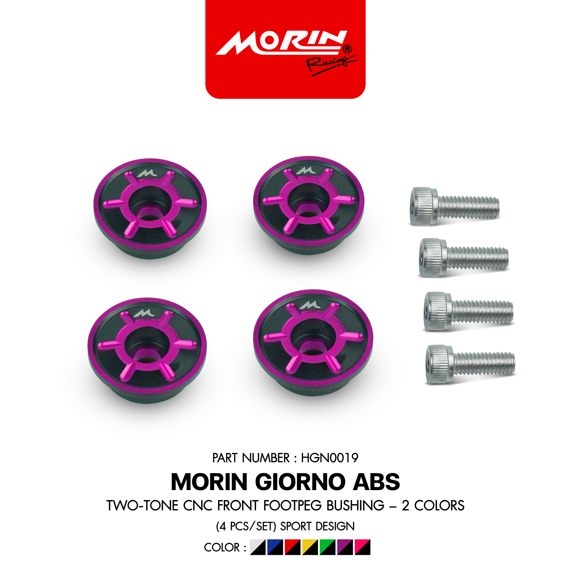 HGN0019-Pink-W MORIN GIORNO ABS บูชพักเท้าหน้า ทูโทน 2 สี CNC (4ชิ้น/ชุด) ลาย Sport - Image 1